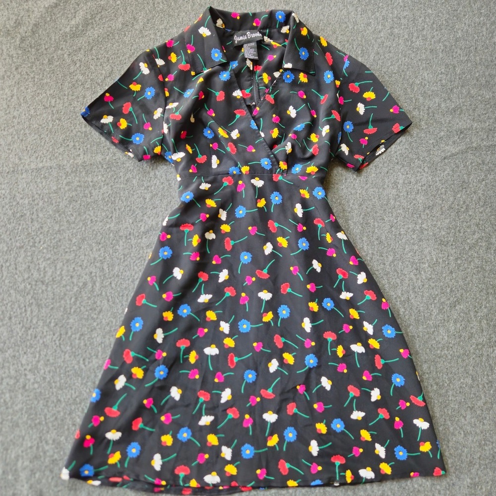 Vtg Dark Floral V-Neck Zip Tie Back Pinup Flare Dress Rockabilly Retro Sz Small